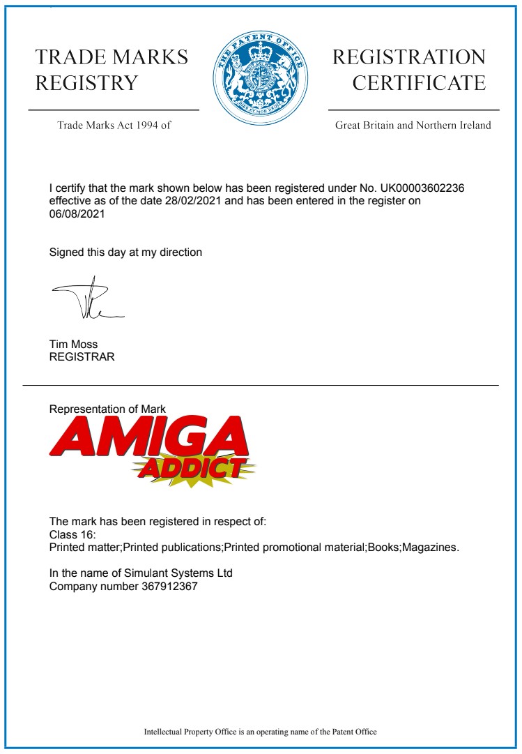 Amiga Addict registered trademark certificate